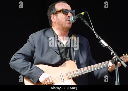 CHELMSFORD, INGHILTERRA - 17 AGOSTO: Elvis Costello si esibisce sul V palco al V2002, Fun in the Hylands Park Festival il 17 agosto 2002 a Chelmsfor Foto Stock