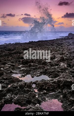 Grandi onde che si schiantano contro le rocce al tramonto, Grand Cayman Blowhole Foto Stock