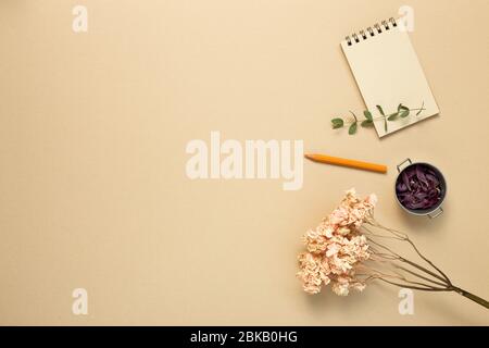Luogo di lavoro e studio, taccuino vuoto e matita colorata con fiori secchi su sfondo beige. Piano, vista dall'alto, spazio per copia Foto Stock