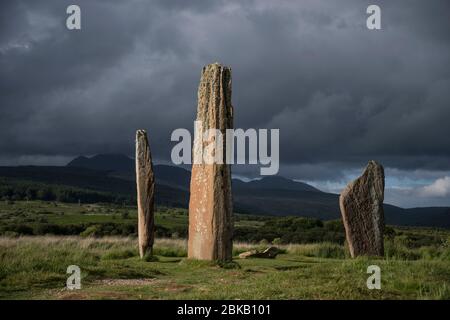 Machrie Moor pietre in piedi e cerchio di pietra, arran Foto Stock