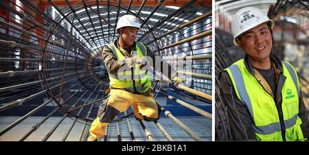 Zunyi. 3 maggio 2020. Foto combinata scattata il 3 maggio 2020 mostra il fissatore in acciaio Tu Zhifei che raggruppa le barre di rinforzo (a sinistra) e posa per una foto al cantiere della superstrada Renhuai-Zunyi a Zunyi, nella provincia di Guizhou della Cina sudoccidentale. Tu, 30, da Zunyi di Guizhou, lavora come fissatore d'acciaio da più di 8 anni. Molti giovani lavoratori si sono bloccati alle loro posizioni durante le vacanze della Festa del lavoro. Credit: Liu Xu/Xinhua/Alamy Live News Foto Stock