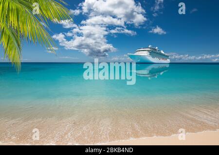 Lussuoso viaggio estivo in crociera. Nave da crociera sulla spiaggia tropicale di palme. Foto Stock