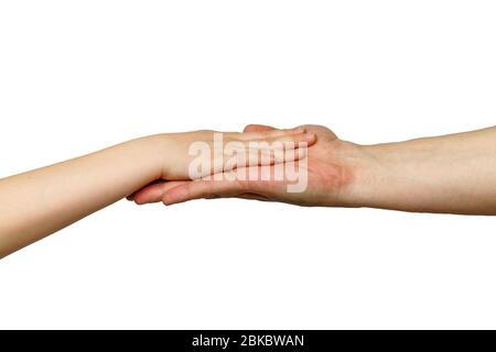 La mano del palmo poggia sull'altra mano su sfondo bianco Foto Stock