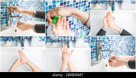 Il bambino lava diligentemente le mani con sapone e acqua eseguendo le misure protettive di base contro la diffusione del coronavirus COVID-19 desease passo dopo passo Foto Stock