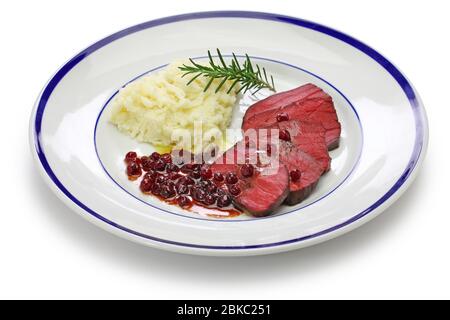 bistecca di cervo, cucina sous vide isolata su sfondo bianco Foto Stock