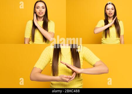 Collage di giovane donna con lingua sordomuta e muta su sfondo giallo Foto Stock