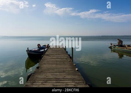 Barche da pesca tradizionali valenciane presso il lago del Parco Nazionale di Albufera, Valencia, Spagna Foto Stock