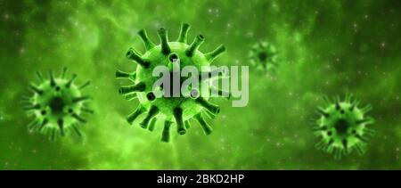 Coronavirus o superbug influenzale in cellule, visualizzazione digitale del virus corona SARS-cov-2 su sfondo verde, rendering 3d. Banner con concetto di COVID-19 PAN Foto Stock