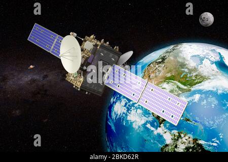 Satellite geosincrono orbitante la Terra, rendering 3D Foto Stock