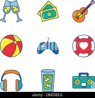 cuffie e icona del gioco su sfondo bianco, stile linea e riempimento, illustrazione vettoriale Illustrazione Vettoriale