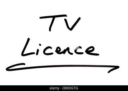 Licenza TV scritta a mano su sfondo bianco. Foto Stock