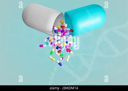Capsule a colori per farmaci, rendering di illustrazioni 3D Foto Stock