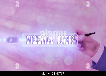 Cartello con il testo che mostra i compratori Millennial. Testo foto di affari tipo di consumatori interessati ai prodotti di tendenza Foto Stock