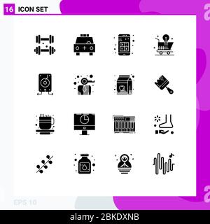 Confezione da 16 simboli e simboli di Solid Glyphs per Web Print Media come idea, shopping, trasporto, carrello, calcolatrice Editable Vector Design E. Illustrazione Vettoriale