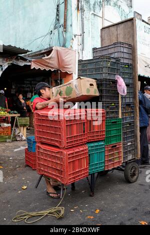 Porter caricando la sua carriola con scatole di frutta e verdura in una bancarella nel mercato comunale di Merida. Foto Stock