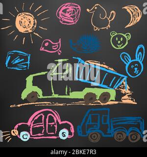 Disegni per bambini. Elementi per la progettazione di cartoline, sfondi, imballaggi. Gesso colorato su una lavagna. Camion con sabbia, auto, sole, facce Illustrazione Vettoriale