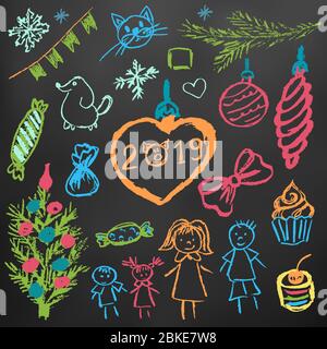 Nuovo anno 2019. Set di elementi per la tua creatività per il nuovo anno. Disegni per bambini pastelli di cera su sfondo nero. Albero di Natale, giocattoli di pelliccia-albero, c Illustrazione Vettoriale