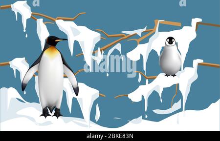 i pinguini sono su steli di albero nella neve e godendosi Illustrazione Vettoriale