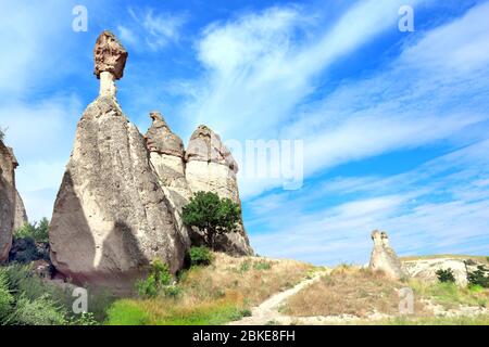 Fata camino o multitesta funghi di pietra nella Valle di Pasabag, Cappadocia, Anatolia, Turchia Foto Stock