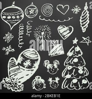 Nuovo anno 2019. Set di elementi per la tua creatività per il nuovo anno. Disegni per bambini con gesso bianco su sfondo nero. Fiocchi di neve, regali, Christma Illustrazione Vettoriale