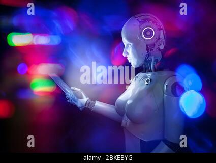 rendering 3d cyborg o robot umanoide che funziona con tablet digitale Foto Stock
