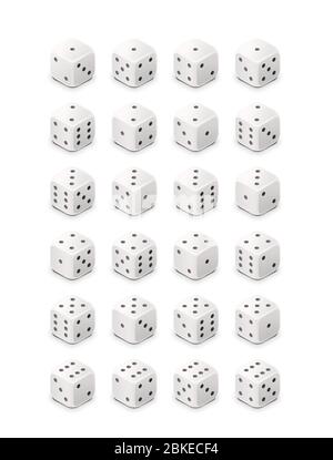 Set di cubi di gioco classici bianchi isolati su sfondo bianco, tutti i possibili dadi 3d per il casinò Illustrazione Vettoriale