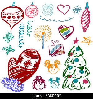 Nuovo anno 2019. Set di elementi per la tua creatività per il nuovo anno. Disegni per bambini di pastelli di cera su sfondo bianco. Fiocchi di neve, regali, Natale Illustrazione Vettoriale