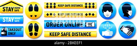 Mantenere la distanza e rimanere Home adesivi e marker per negozio o supermercato durante la quarantena epidemica di coronavirus COVID-19 Illustrazione Vettoriale