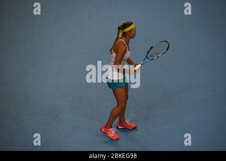 Una fotografia della tennista femminile Yulia Putintseva, Kazakhstan, Fed Cup 2019 contro Gran Bretagna, Team GB alla Copper Box Arena di Londra Foto Stock