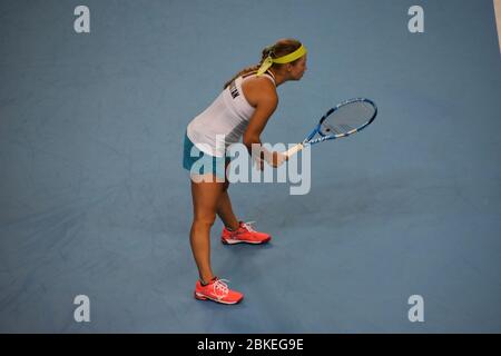 Una fotografia della tennista femminile Yulia Putintseva, Kazakhstan, Fed Cup 2019 contro Gran Bretagna, Team GB alla Copper Box Arena di Londra Foto Stock