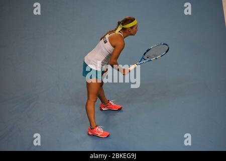 Una fotografia della tennista femminile Yulia Putintseva, Kazakhstan, Fed Cup 2019 contro Gran Bretagna, Team GB alla Copper Box Arena di Londra Foto Stock