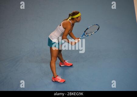 Una fotografia della tennista femminile Yulia Putintseva, Kazakhstan, Fed Cup 2019 contro Gran Bretagna, Team GB alla Copper Box Arena di Londra Foto Stock