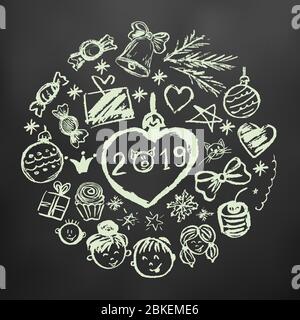 Nuovo anno 2019. Illustrazione del nuovo anno. Disegni per bambini con gesso bianco su sfondo nero. Albero di Natale, albero di Natale, caramella, regali, Illustrazione Vettoriale