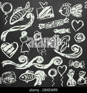 Elementi per la tua creatività. Disegni per bambini con gesso bianco su sfondo nero. Onde, pesce, gente, dolci Illustrazione Vettoriale