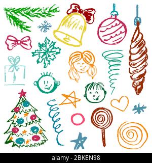 Nuovo anno 2019. Set di elementi per la tua creatività per il nuovo anno. Disegni per bambini di pastelli di cera su sfondo bianco. Fiocchi di neve, regali, caramelle, fiocchi di neve Illustrazione Vettoriale