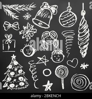 Nuovo anno 2019. Set di elementi per la tua creatività per il nuovo anno. Disegni per bambini con gesso bianco su sfondo nero. Fiocchi di neve, regali, caramelle, b Illustrazione Vettoriale