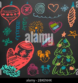 Nuovo anno 2019. Set di elementi per la tua creatività per il nuovo anno. Disegni per bambini pastelli di cera su sfondo nero. Fiocchi di neve, regali, Natale tre Illustrazione Vettoriale