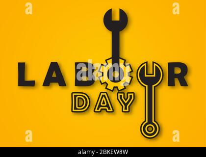 Poster felice del giorno del lavoro o banner in giallo e nero. 1° maggio Giornata internazionale del lavoro. Biglietti di auguri con illustrazioni di chiavi e attrezzi. Illustrazione Vettoriale