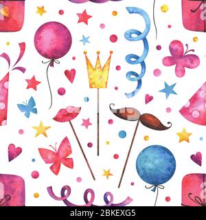 Disegno senza cuciture dipinto a mano con cuori, scatole regalo, ghirlande festive, palloncini ad aria, farfalle, cono cappello, confetti, stelle punture Foto Stock