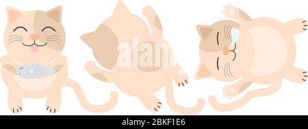 Il gatto grasso arancione ha un punto sulla faccia. Era contento di mangiare pesce. I gatti grassi si trovano a faccia in giù. Gatto grasso dorme. Clipart grafica per online o stampa. Illustrazione Vettoriale