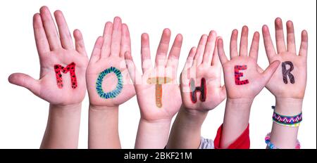 Bambini mani costruire Parola madre, sfondo isolato Foto Stock