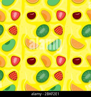 Modello senza cuciture di frutta fragola arancio mela albicocca kiwi su uno sfondo giallo. Immagine vettoriale Illustrazione Vettoriale
