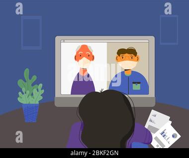 Conferenza online. Persone sullo schermo del computer che parlano con un collega. Persone che lavorano online a casa. Distanza sociale e autoisolamento durante coron Illustrazione Vettoriale