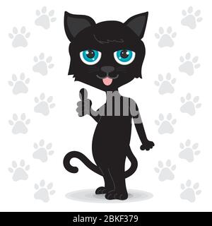 Gatto nero con occhi blu in piedi. Ha fatto le mani meravigliosamente simboliche. Sfondo bianco con impronte grigie Cat. Grafica clipart per la stampa o online. Illustrazione Vettoriale