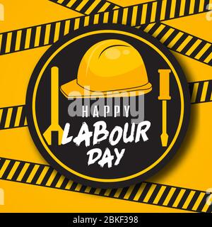 Poster felice del giorno del lavoro o banner in giallo e nero. 1° maggio Giornata internazionale del lavoro. Con illustrazioni di cacciaviti e chiavi. Illustrazione Vettoriale