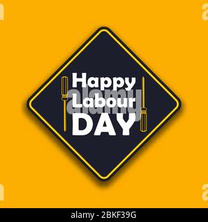 Poster felice del giorno del lavoro o banner in giallo e nero. 1° maggio Giornata internazionale del lavoro. Con illustrazione della commemorazione della Giornata del lavoro. Illustrazione Vettoriale