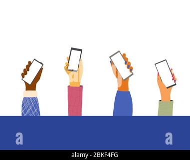 Mani umane che tengono un telefono. Smartphone con schermo vuoto isolato su sfondo bianco. Illustrazione vettoriale a colori piatti. Illustrazione Vettoriale
