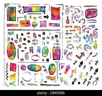 Grande set di doodle freccia vettoriale. Forme disegnate a mano, cerchi, quadrati, bolle vocali, linee. Illustrazione Vettoriale