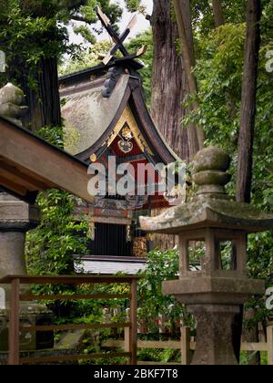 Santuario principale dello Shinto di Kashima Jingu￼, Kashima, Giappone ￼composizione di un santuario dello Shinto: 1. Torii - porta di Shinto 2. Scale in pietra 3. Sandō - l'Approa Foto Stock