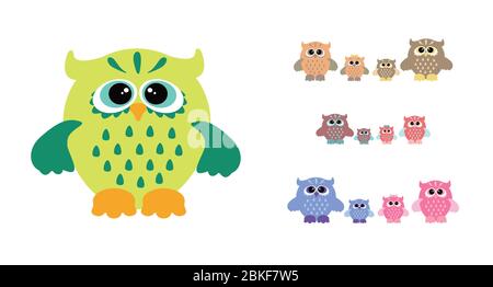 Vettore carino famiglia gufo. Gufi padre figlio e figlia Illustrazione Vettoriale